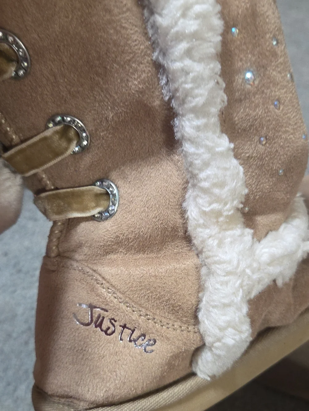 Justice Rhinestone Girls Tan Faux-Shearling Winter Boots with Pom-Pom Ties 8